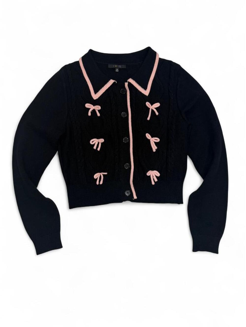 Iris — Black Cardigan with Pink Bows